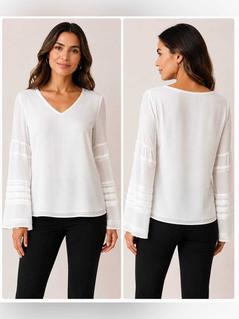 White House Black Market Cream Long-Sleeve V-Neck Bell Sleeve Blouse 4